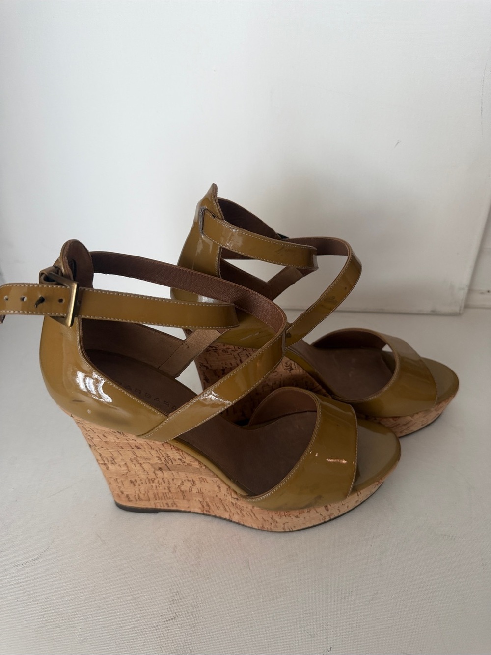 Olive Patent Cork Wedge Sandals - Women's Strappy Platform Heels